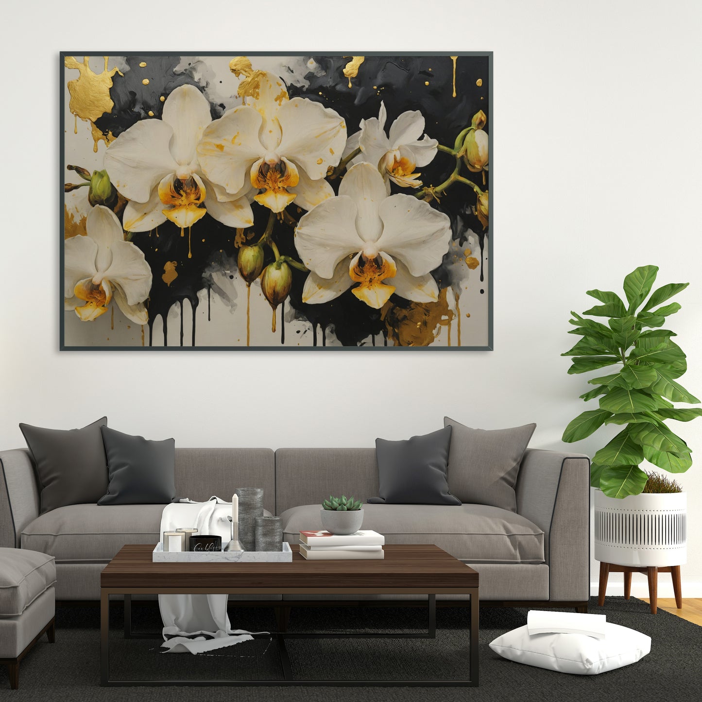 Gilded Orchid Symphony - Abstract Floral Art