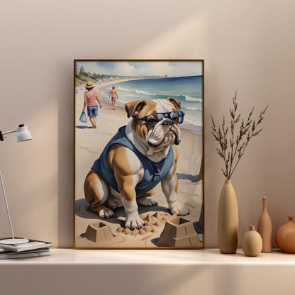 Bulldog Beach Day - Fantasy Dog Watercolor Print