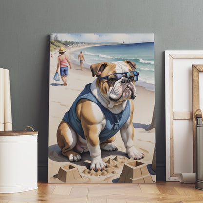 Bulldog Beach Day - Fantasy Dog Watercolor Print