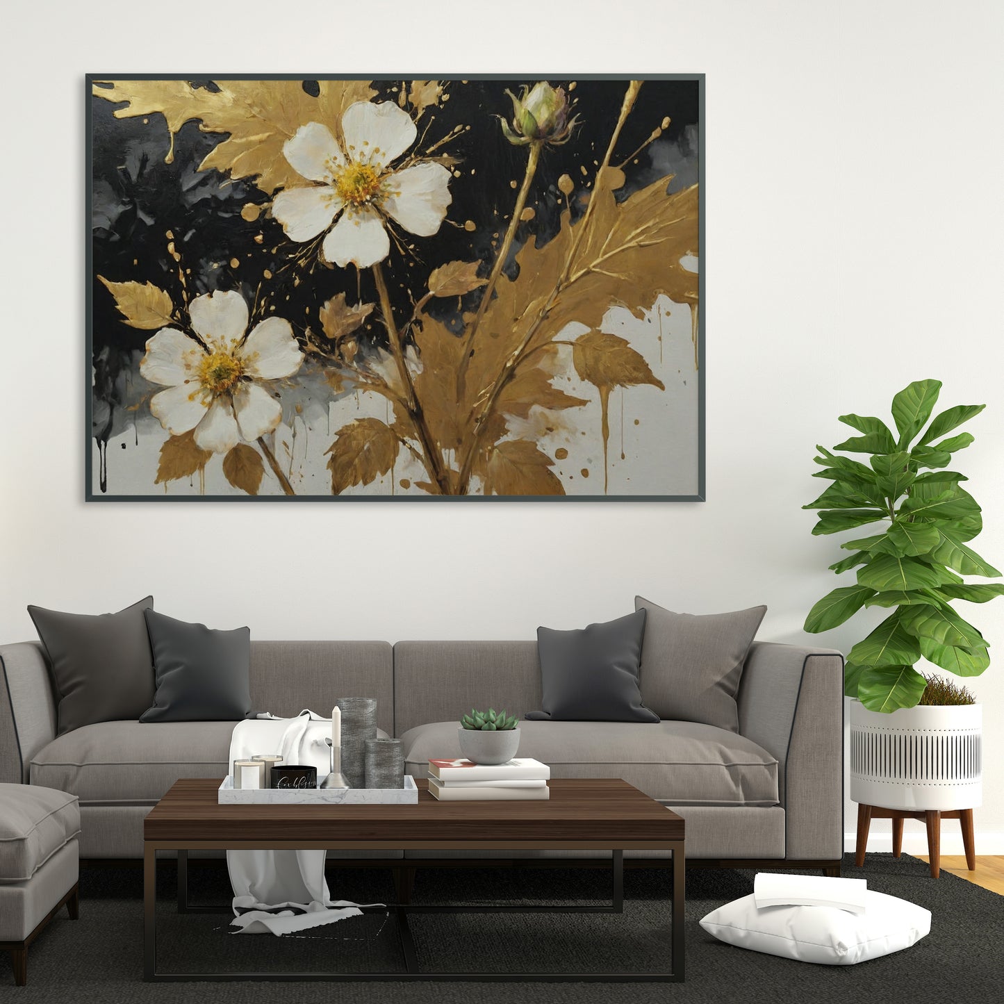 Golden Bloom Symphony - Abstract Floral Art