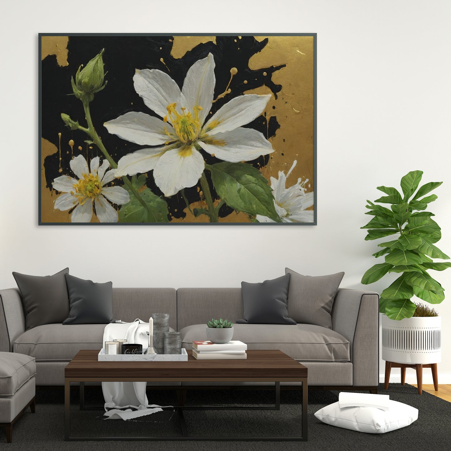 Golden Floral Elegance - Abstract Floral Art